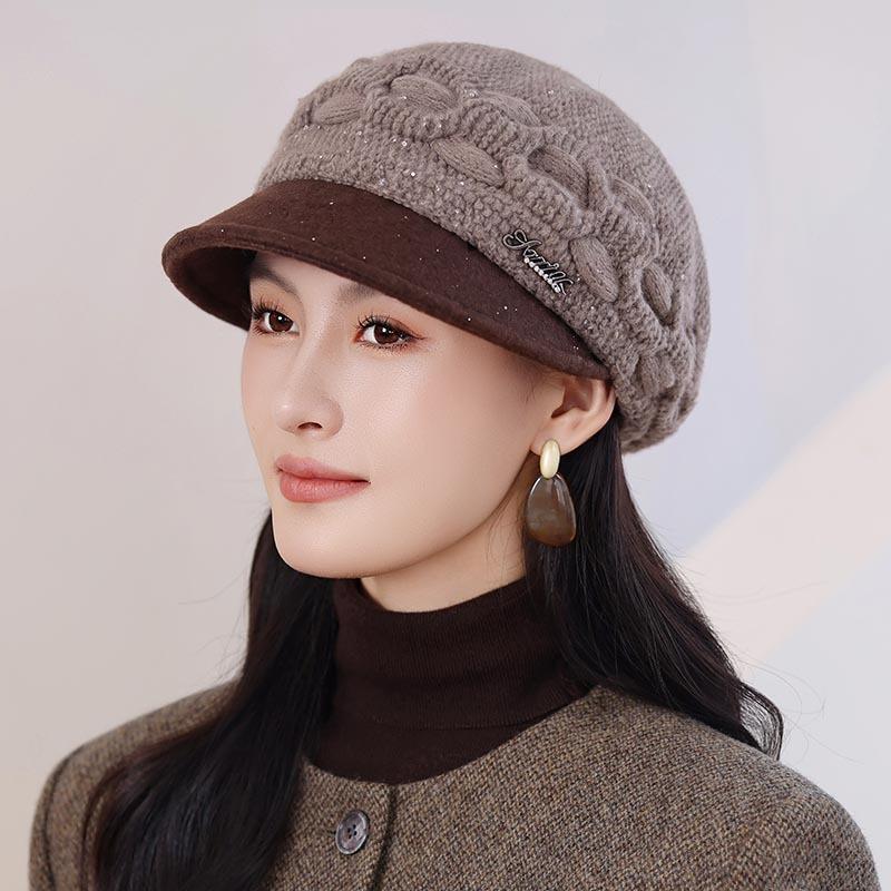 Ladies autumn and winter twist knitted cap sequined warm short brim beret middle-aged and elderly mother versatile wool hat
