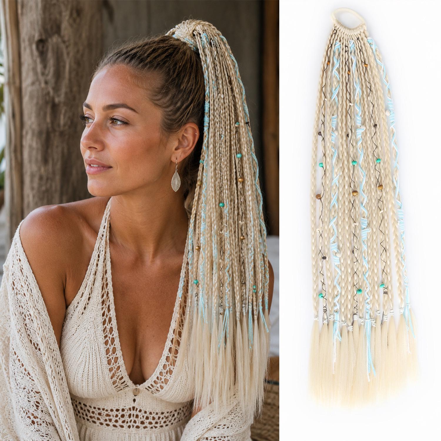 Böhmisches geflochtenes Pferdeschwanz-Haargummi mit Perlen, Elastisches Haarband, Lange Zopf-Haarverlängerung für Damen (Synthetik) gray