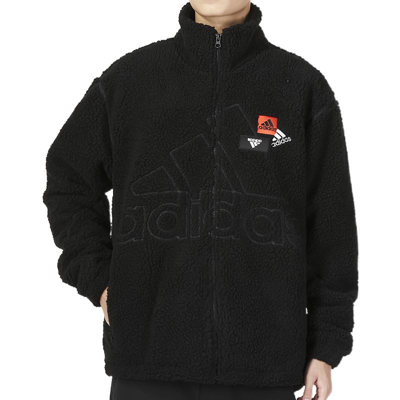 Adidas Solid Color Print Large Logo Zip-Up Collar Jacket Men Jackets Black HN8953