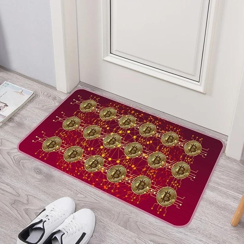 Crypto Currency Door Mat Bitcoin Pattern Tech Inspired Rug, Waterproof Non Slip Floor Protector for Home Entryway and Office