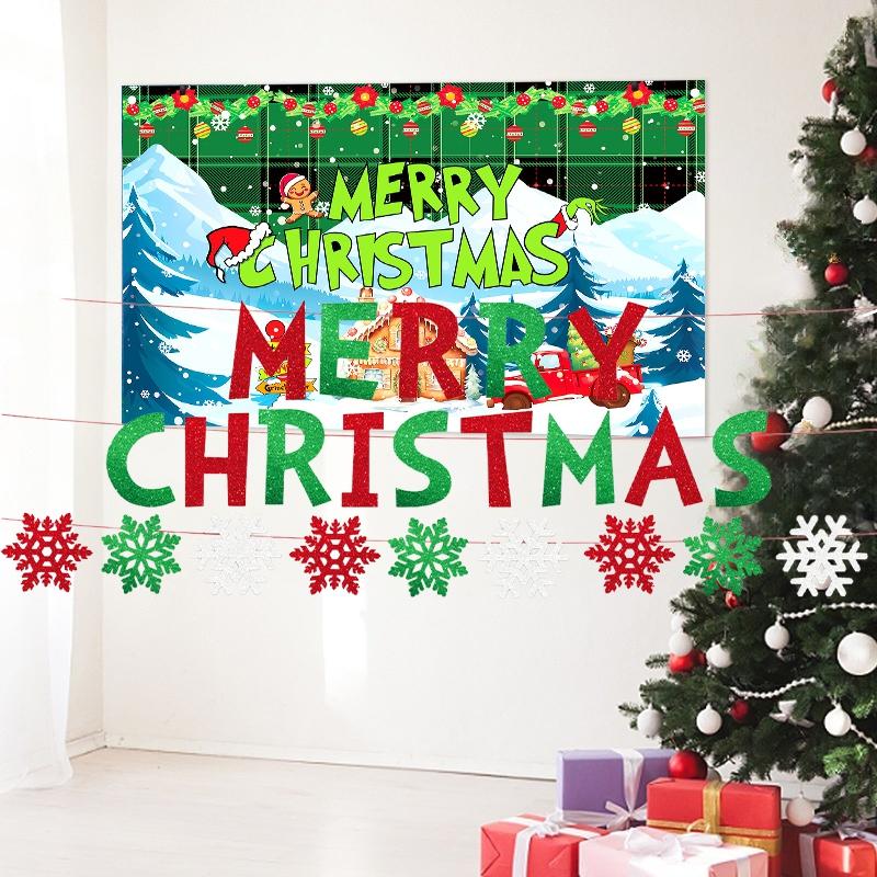 Christmas Themed Party Decor Banners Tablecloths Paper Plates Cups Balloons Set Checkered Christmas Santa Claus Reindeer Snowmen