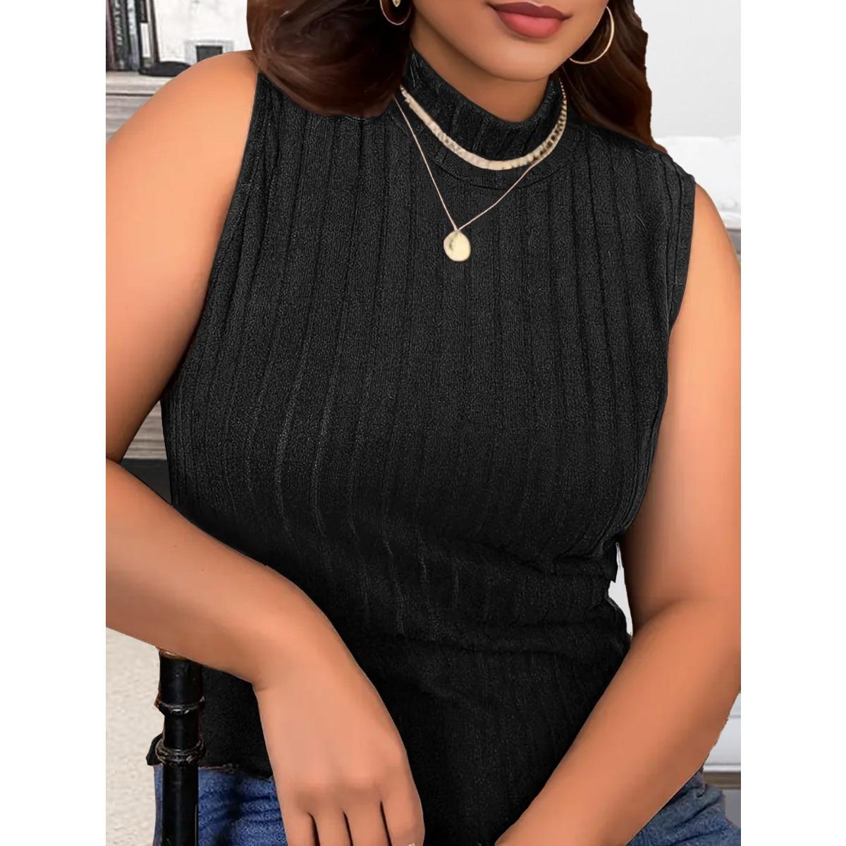

Spring Summer New Arrival Plus Size Women s Knit Stretch Vest Solid Color Half Turtleneck Sleeveless Tank Top 1XL чёрный