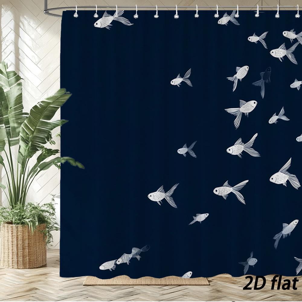 

Navy Blue Shower Curtain – White Goldfish Pattern, 2D Flat, 12 Hooks, 70.8×70.8 In, Polyester, Machine Washable W60H190(CM)-1 Pcs