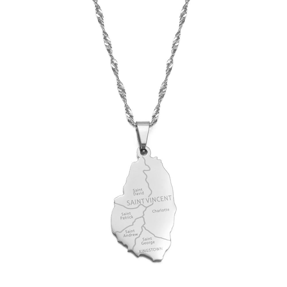 Anniyo ST. Vincent Map and City Name Pendant Necklaces Saint Vincent Maps Jewelry #248621 45cm Thin Chain