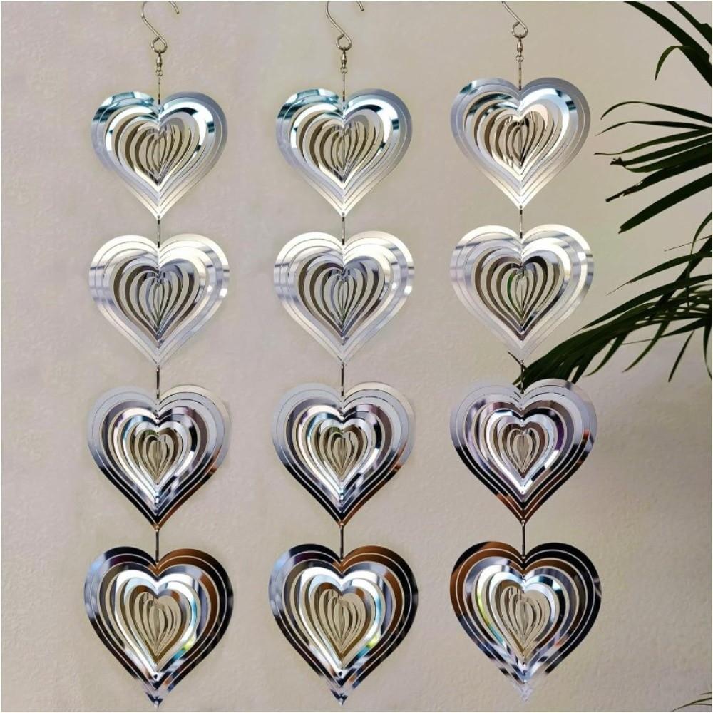 Reflective Surface Heart Wind Chime Rotatable Design Wind Spinner 3D Metal Heart Garden Hanging
