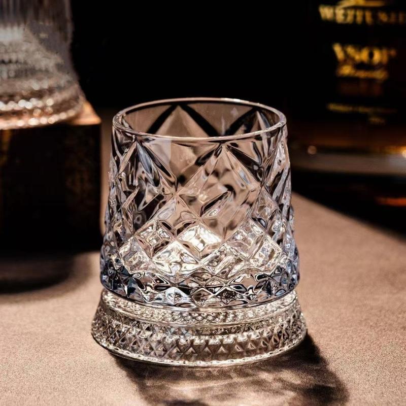 1Pc New 2026 Crystal Rotating Whiskey Glass, 360 Degree Rotatable With Glass Base, For Rum Cocktail Party Home Drinking Glasses