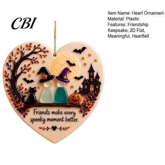 Lasting Friendship Souvenirs Heart-Shaped Sea Glass Art Ornament, 2D Flat Heart Year Round Inspired Ornaments Keepsake, Halloween Pumpkin Black