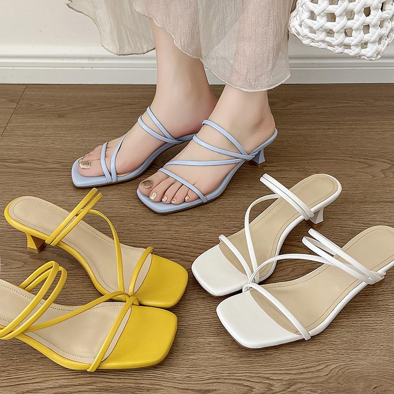 

Main promotion~ Versatile medium heel two sandals 2025 summer new thin belt gentle wind cat heel cool slippers 39 жёлтый
