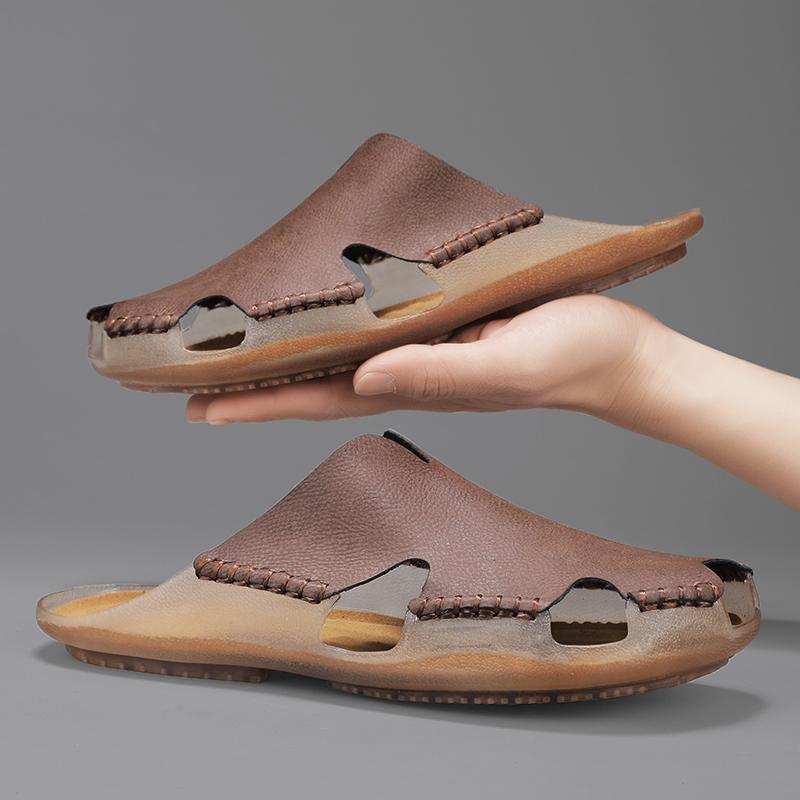 Fashion Men's Big Size Handmade Premium Leather Closed-Toe Sandals Summer Breathable Comfortable Flats Outdoor Daily Slippers Male Shoes