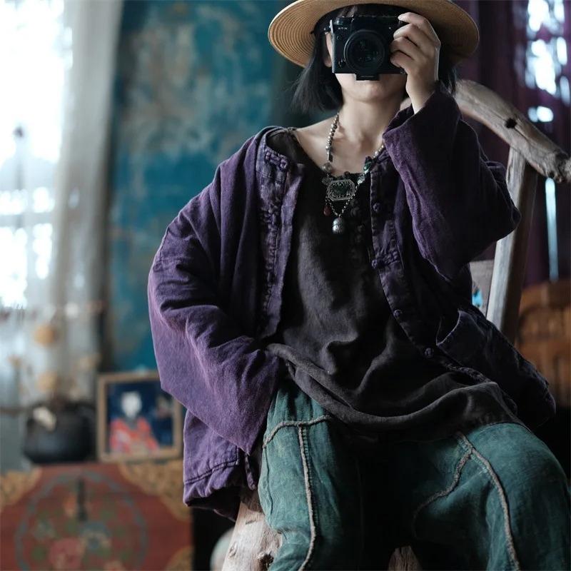 Johnature Vintage Women Purple O-Neck Long Sleeve Autumn Coats Button Patchwork Pockets Coats