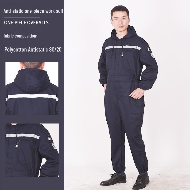 Men's Anti-Static Polyester-Cotton Work Coverall with Reflective Strips - Dustproof, One-Piece Protective Suit for Auto Repair and Sailing.