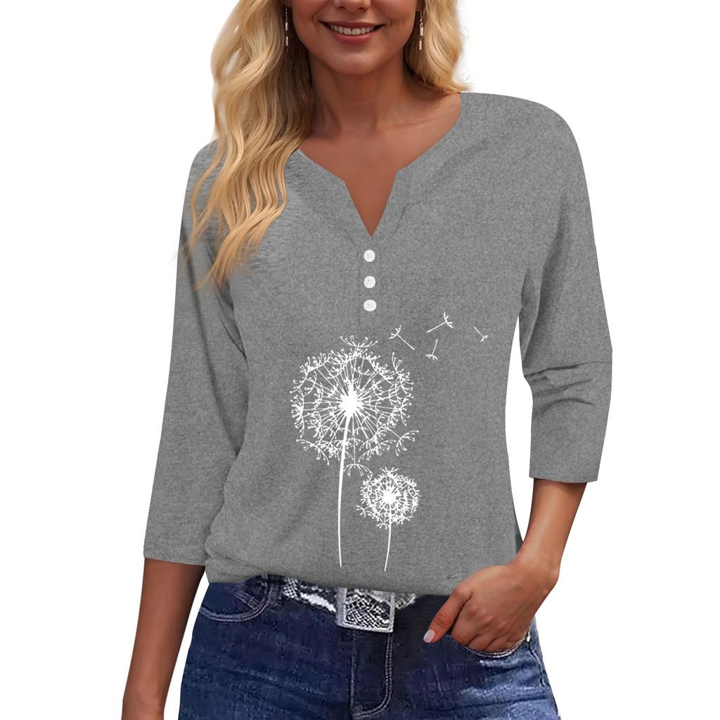 Women's T Shirt Tee Print Button  3/4 SleeveDaily Weekend Fashion Basic V- Neck Regular Top