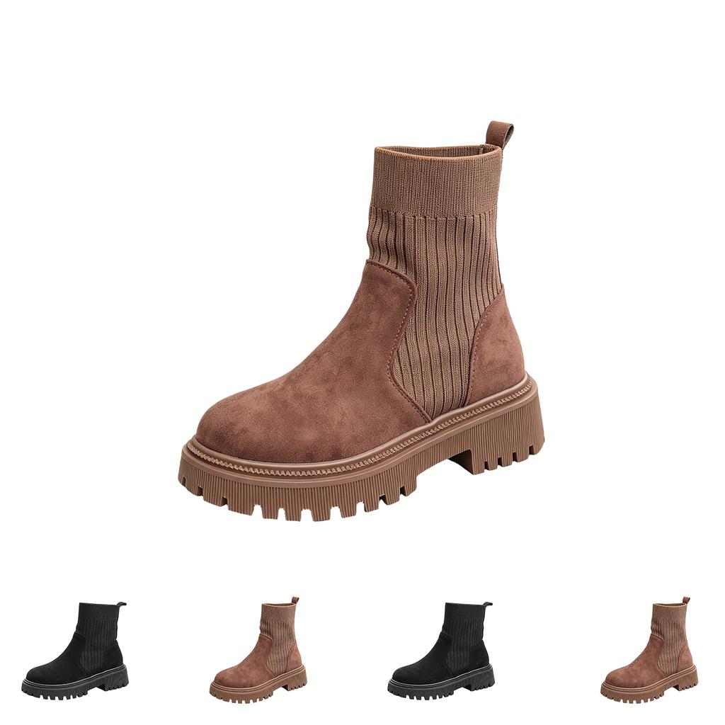 Women's Heel Round Toe Knit Patchwork Boots British for Fall Winter