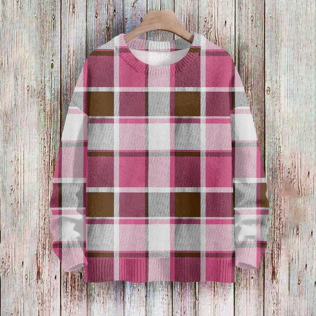 Women's Fashionable Casual Long-sleeved Checkered Printed Round-neck Sweater Knitted Top