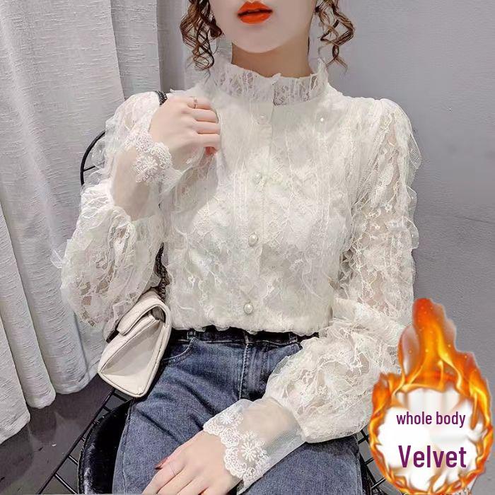 Women's Lace Cardigan: 2025 Spring/Autumn Style, Velvet-Enhanced, French Stand Collar, Long-Sleeve Top