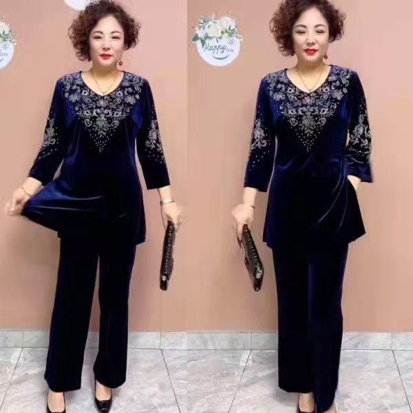 

2 шт. Костюм брючный Осенний Женский Вышивка Бархат Большой размер Блузка Брюки с высокой талией Бархат Комплект из двух предметов XL темно-синий