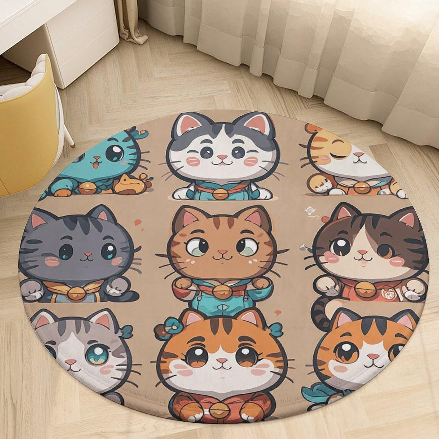 Many Cartoon Cats Round Rug  Washable Area Rugs Indoor Circle Door Mat Soft Non-Slip Carpet for Living Room Bedroom Dining Room 100cm