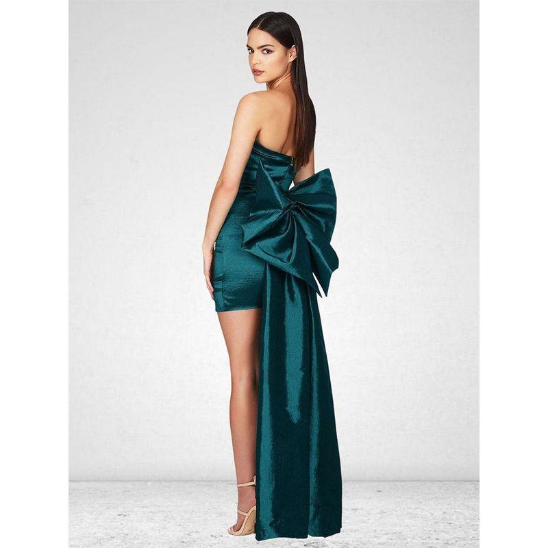 

Fashion Women s Sexy Sheath Tube Top Dress Elegant Detachable Big Bow Decorative Evening Dress Dark green XS