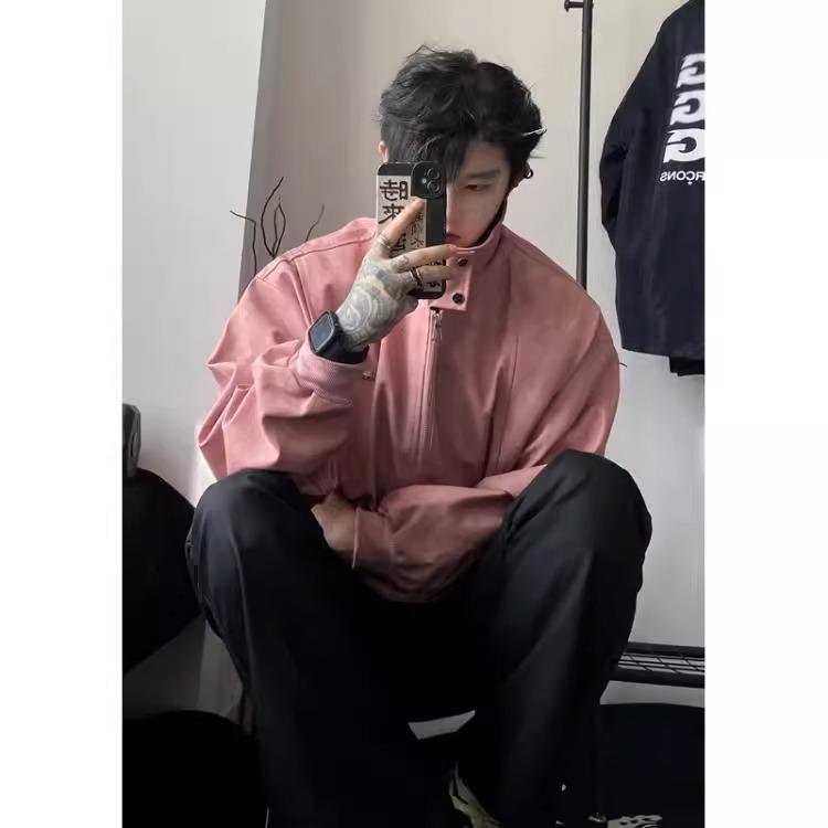 Herren Trendige Amerikanische Retro Pink Leder Motorrad Bomberjacke - High-End Frühling/Herbst Harrington Stil