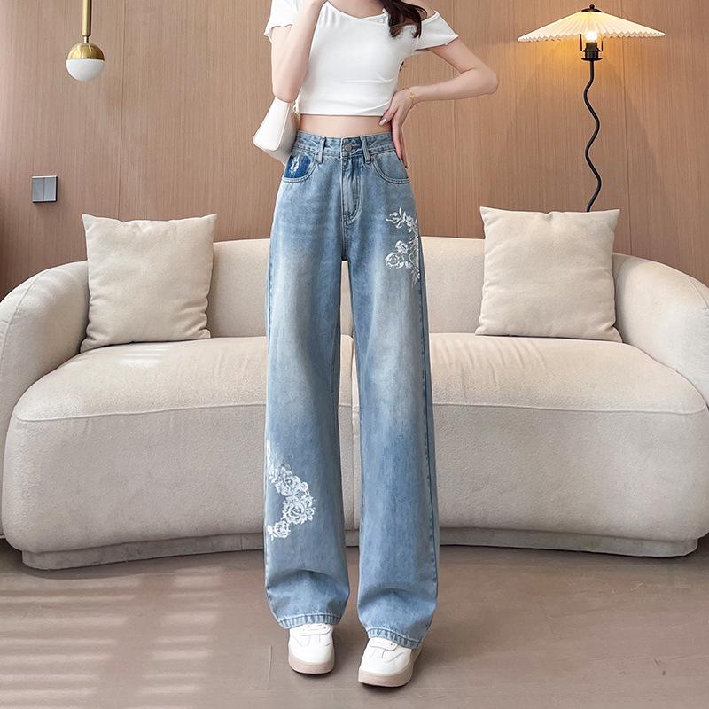 

Colorblock High-Waisted Wide-Leg Women s Jeans - Light Blue, Loose Fit, Floor-Length, for Spring/Autumn. Large