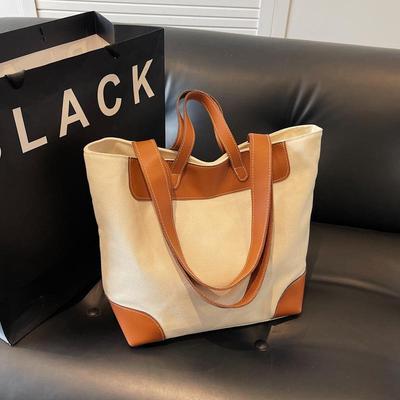 2026 New Cross-border Canvas Tote Bag: Large Capacity Color Block Shoulder Bag for Versatile, Trendy Commutes