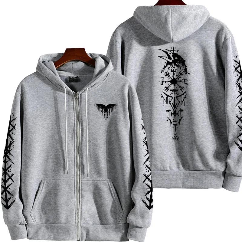 

Древний Викинг Ворон Узор Пальто 2025 Новая Мода Мужские Толстовки на Молнии с Капюшоном Длинный Рукав Повседневные Зимние Осенние Толстовки Верхняя Одежда Мужская XXXL серый