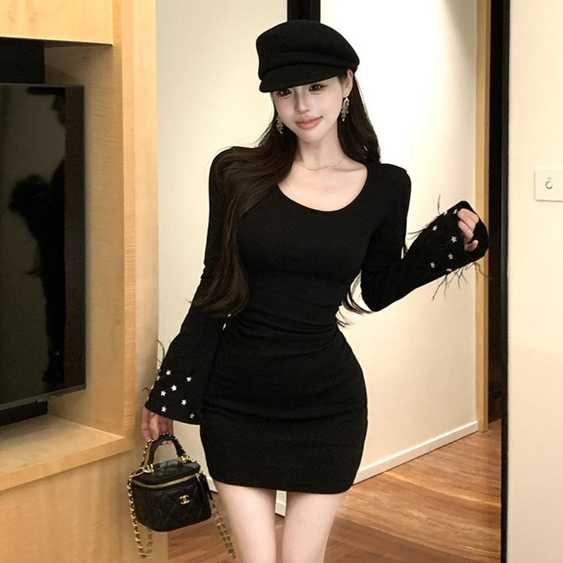 

Женское сексуальное платье-майка с круглым вырезом, облегающее, с длинными рукавами S чёрный