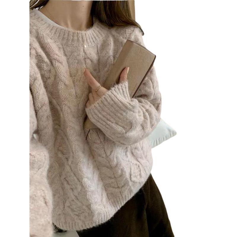 Women's 2024 Pink Cable Knit Pullover Sweater - Soft, Cozy Korean Style for Autumn/Winter, Loose Fit