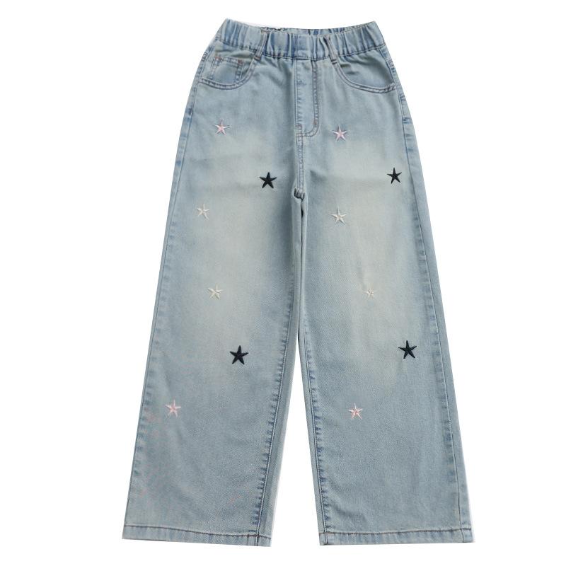 Spring Autumn Girls Jeans Embroidery Star Loose Pants Teen Girls Stylish Denim Wide Leg Pant