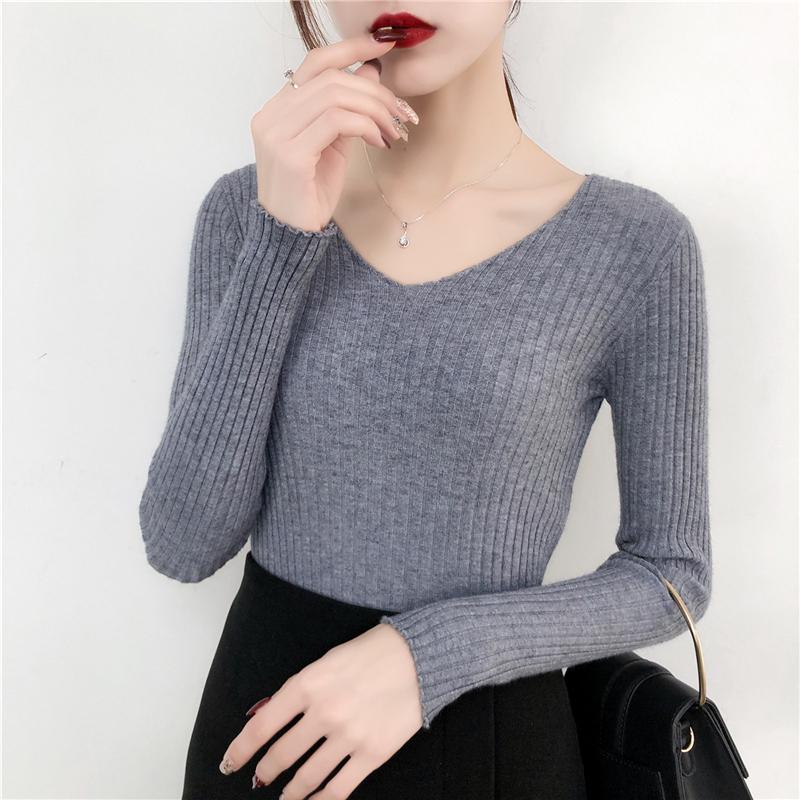 Autumn and Winter V-neck Knitted Sweater for Women Fashion Slim Fit Long Sleeve Base Pullover Sweaters Tops Ladies Elegant Solid Woman Knitwear 24978
