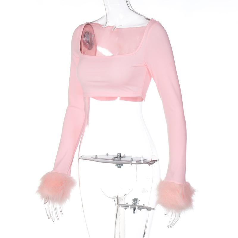 Square Neck Long Sleeve T-Shirts Women 2022 Fashion Cute Feather Top faux fur Sexy Y2K Crop Top Streetwear Tee Shirt femme