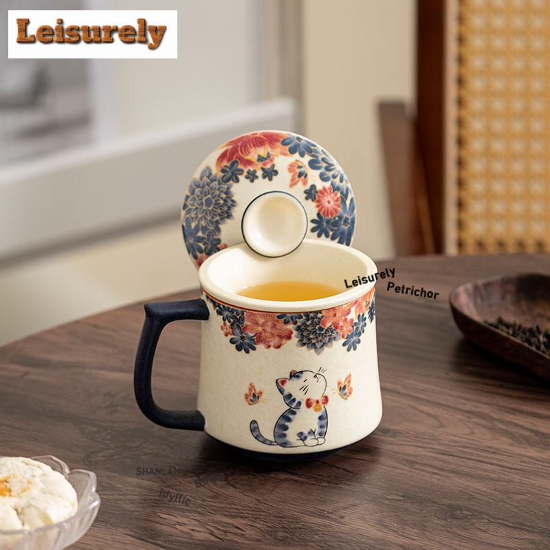 320ml Hand Painted Little Cat Rock Mineral Filter Tea Separator Cup Ancient Tea Mug With Infuser Tea Brewing Office Water Cup