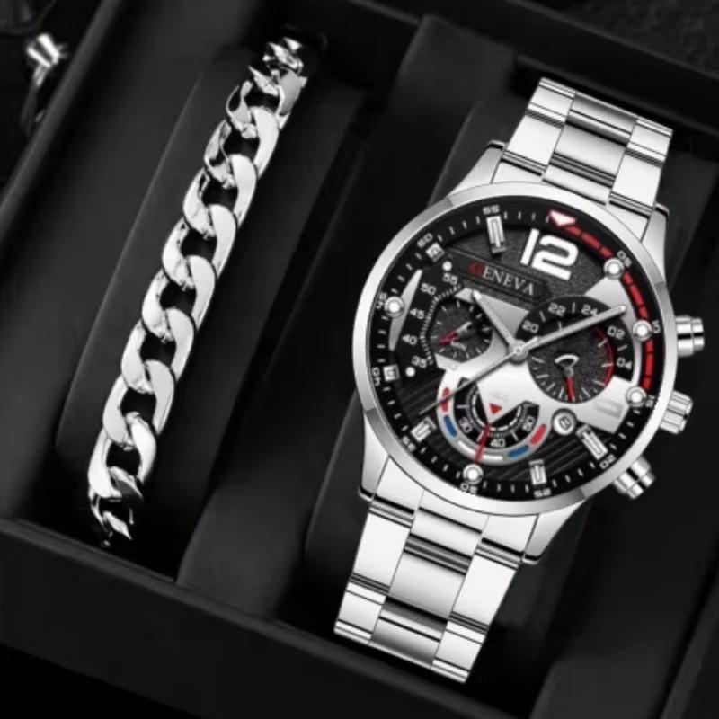 Geneva Men's Steel Band Fashion Calendar Wristwatch - Bestseller Personalized Business Set
