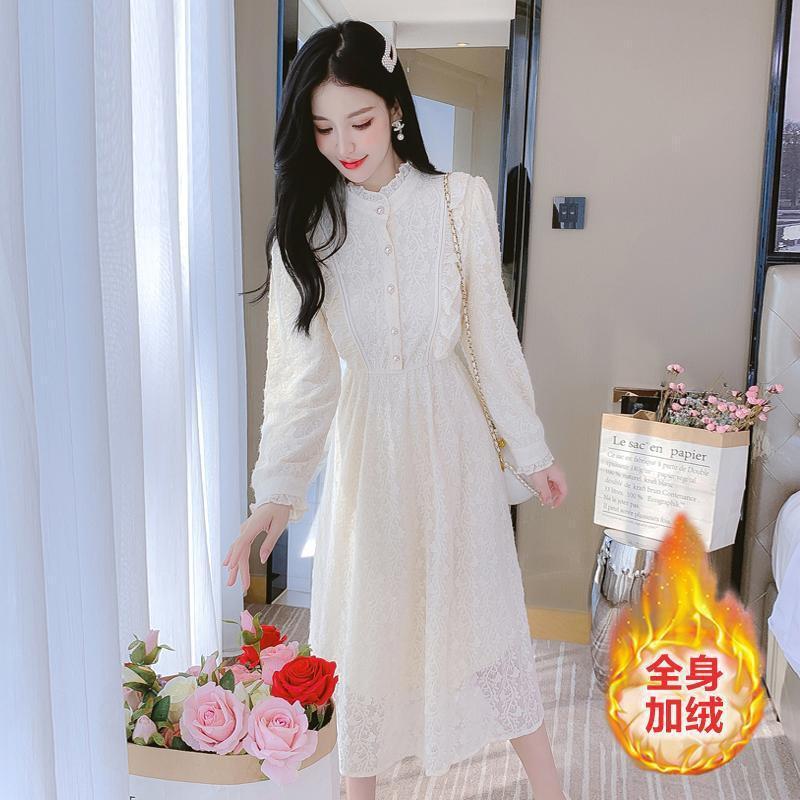 Elegant Lace Midi Dress Women Wear A-Line Floral Print Long Sleeve Layering Under