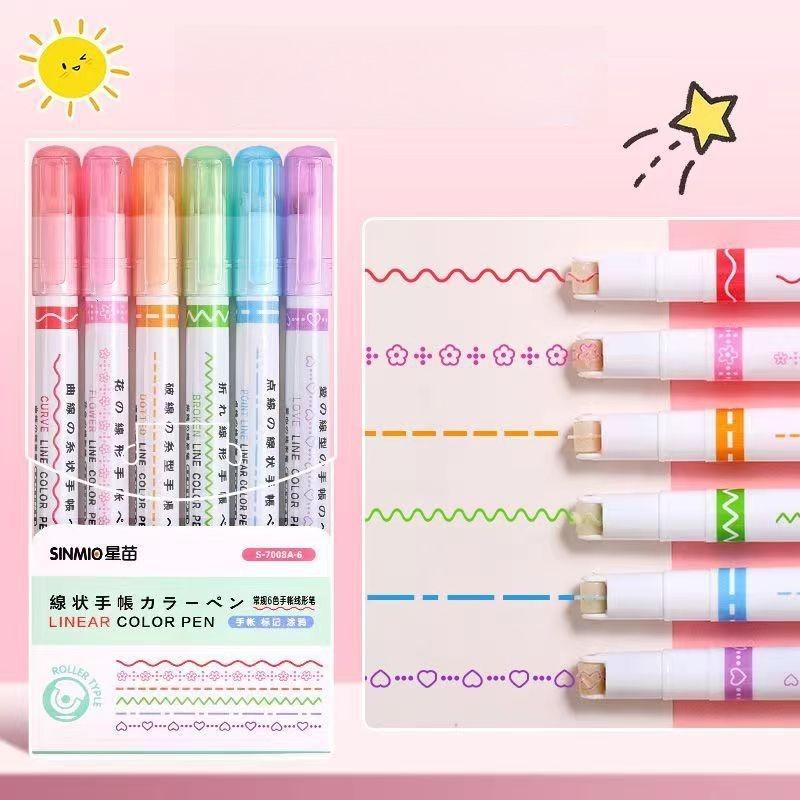 Flower-shaped Contour Pen, Double-line Wavy Curve Pen, Quick-drying Marker Notebook Pen, Colored Student Stationery Highlighter Pen