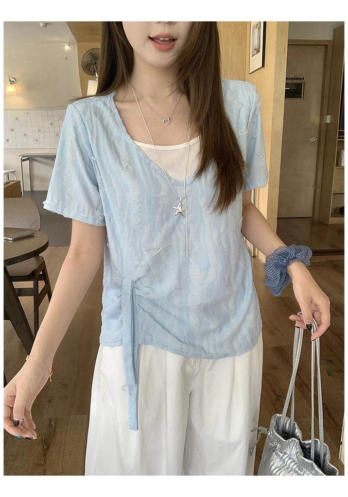 Summer 2026 Plus Size Women's Two-Piece Look Ripped Short Sleeve Slimming T-Shirt