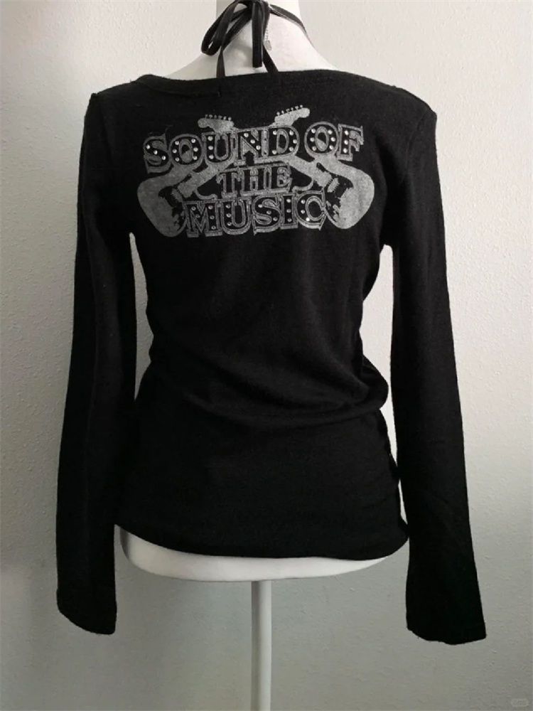 American Retro Print Vintage Long-sleeve T-shirt Women Autumn Design Vintage Base Layer Tops 2000s High Street Y2k Design Causal Clothes