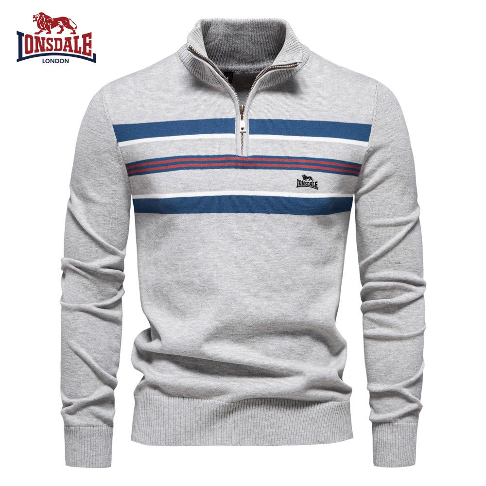 Lonsdale Autumn/Winter Embroidered New Large Men's Sweater Half Zipper Knitted Sweater Casual Striped Men's Top