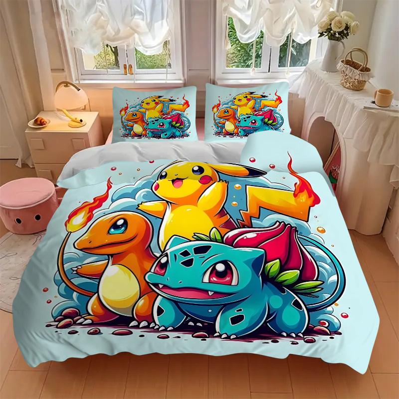 3pcs The Legendary Starters of Pokémon Print Bedding Set (1 Cover + 2 Pillowcases, Without Inserts), This Printed Bedding Set is Soft and