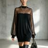 Spring and Autumn New Mesh Splicing Round Neck Slightly Transparent Long Sleeves Black Temperament Thin Pullover Dress Women