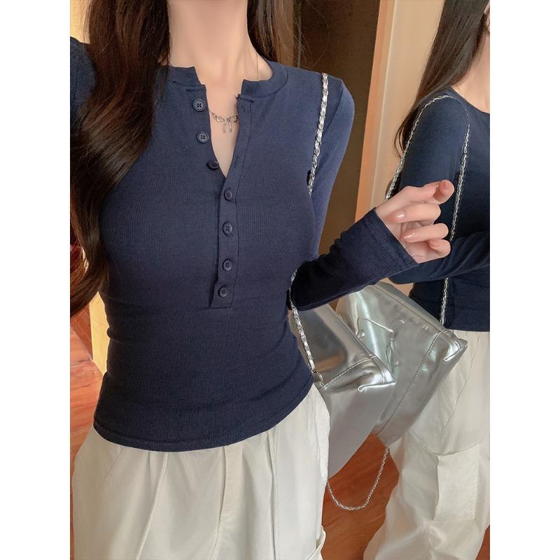 2025 New Spring and Autumn Long Sleeve Inner Women T-Shirt Tight Slim Fit Office Women's Bottom Shirt Basic solid color O Neck Skinny Button Top