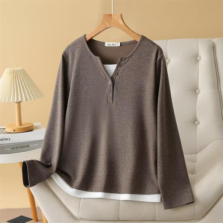 

Осенние новые женские топы больших размеров, простые и универсальные, сшитые поддельные две футболки с длинными рукавами в качестве основы 2XL