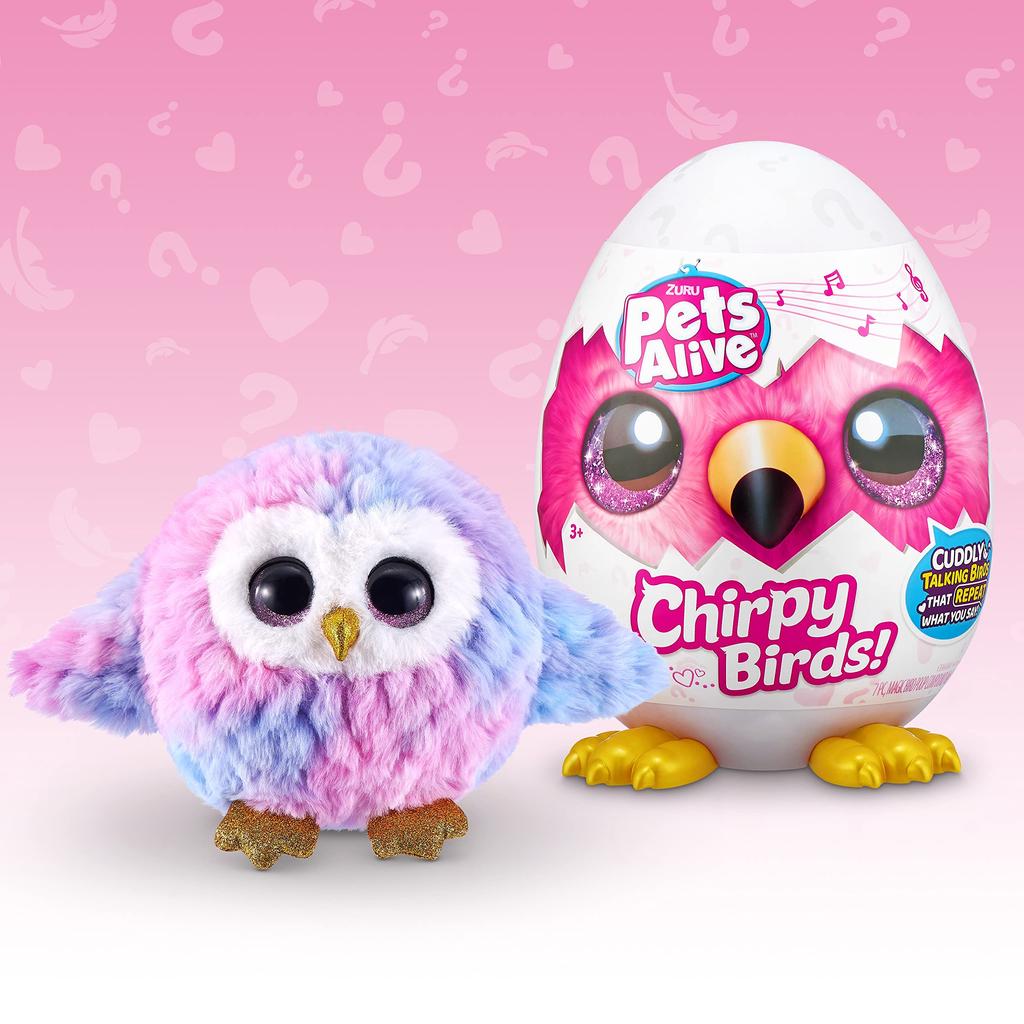 ZURU Pets Alive Chirpy Birds (OWL) Talking Electronic Pet Giant Surprise Egg Sticker Comb Fluffy Clay Bird Animal Girl, 9537B, Owl