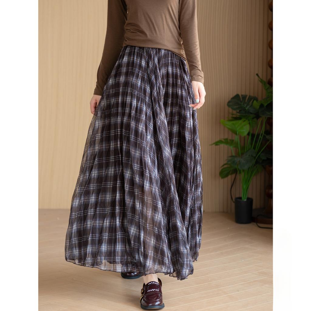 Dimanaf 2025 Autumn Women New Skirts Plaid Loose Elastic Waist Pleated Elegant Long Skirts Red
