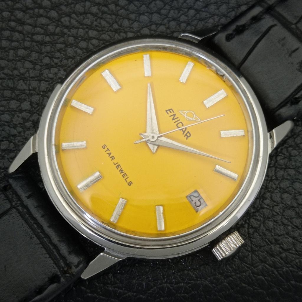 SWISS VINTAGE ENICAR STAR JEWELS HAND-WINDING MENS YELLOW DIAL WATCH a703029-1