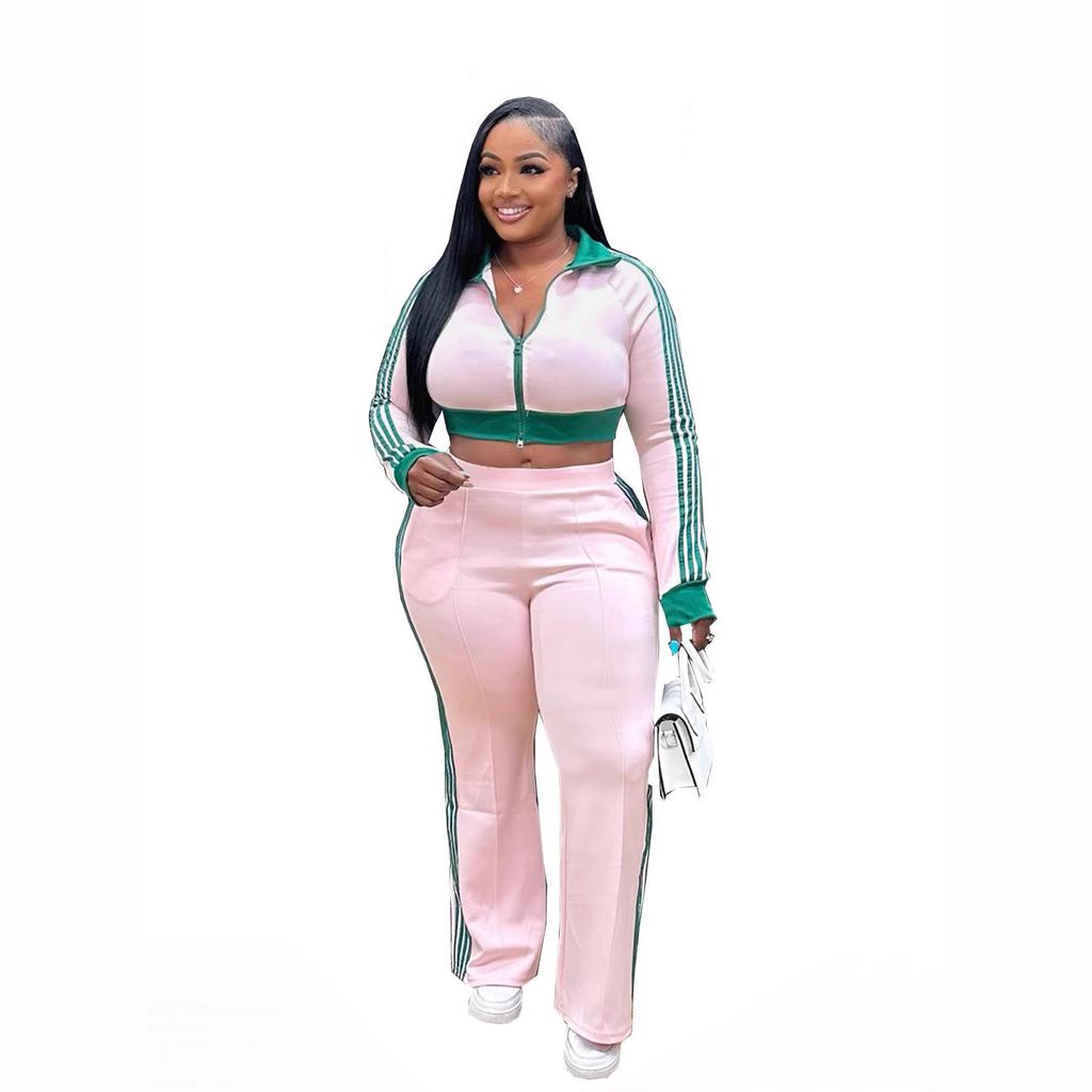 TW768 Women's Casual Color Block Zipper Crop Top & Slim Fit Pants Set