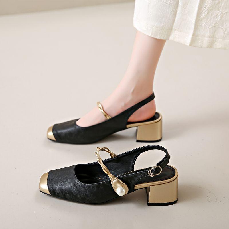 Nouveau Style Chinois Style National Sandales Baotou Chaussures Mary Jane à Talons Moyens pour Femmes Été Tempérament Talon Épais Talon Haut Chaussures Simples