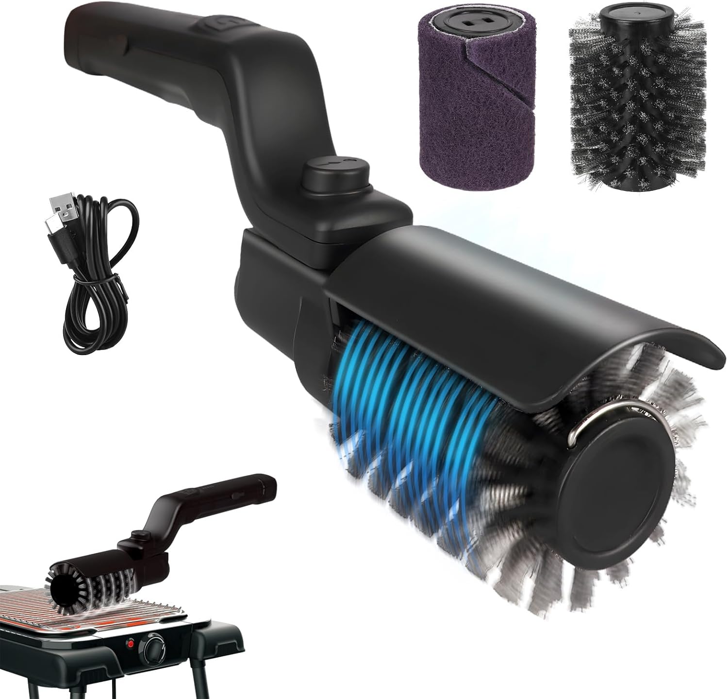 

Electric Grill Brush 2 in 1 Cordless Rechargeable Grill Cleaning Brush Stainless Steel Brush Head 3-Speed Power for BBQ Grates чорний