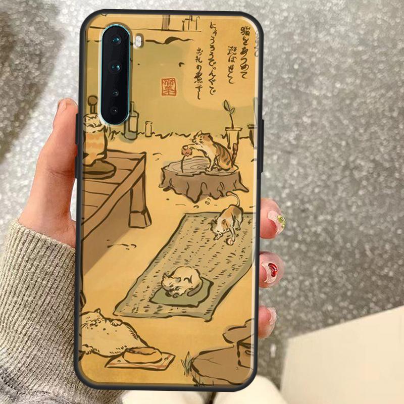 Japanese Cat Drink Pattern Case For OnePlus 15 13 12 11 10 10R 12R 13R 15R 13T 10T 8T Nord 5 CE 2 3 4 Lite N20 N30 Coque