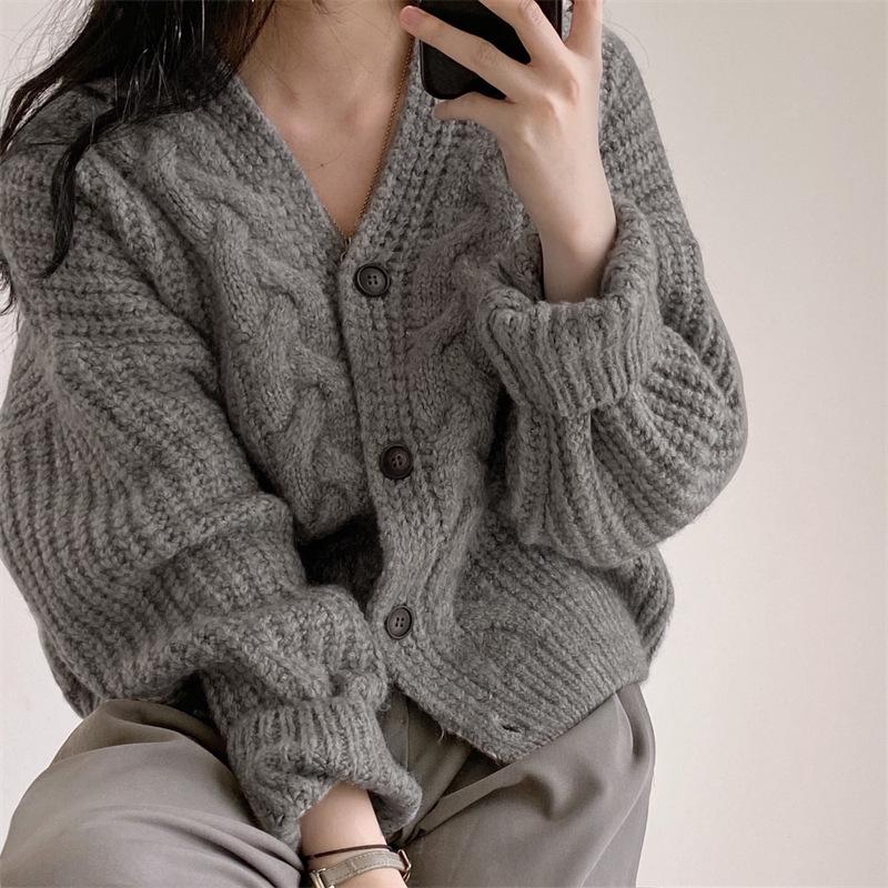 Herbstlicher Chic V-Ausschnitt Puffärmel Zopfmuster-Cardigan für Damen